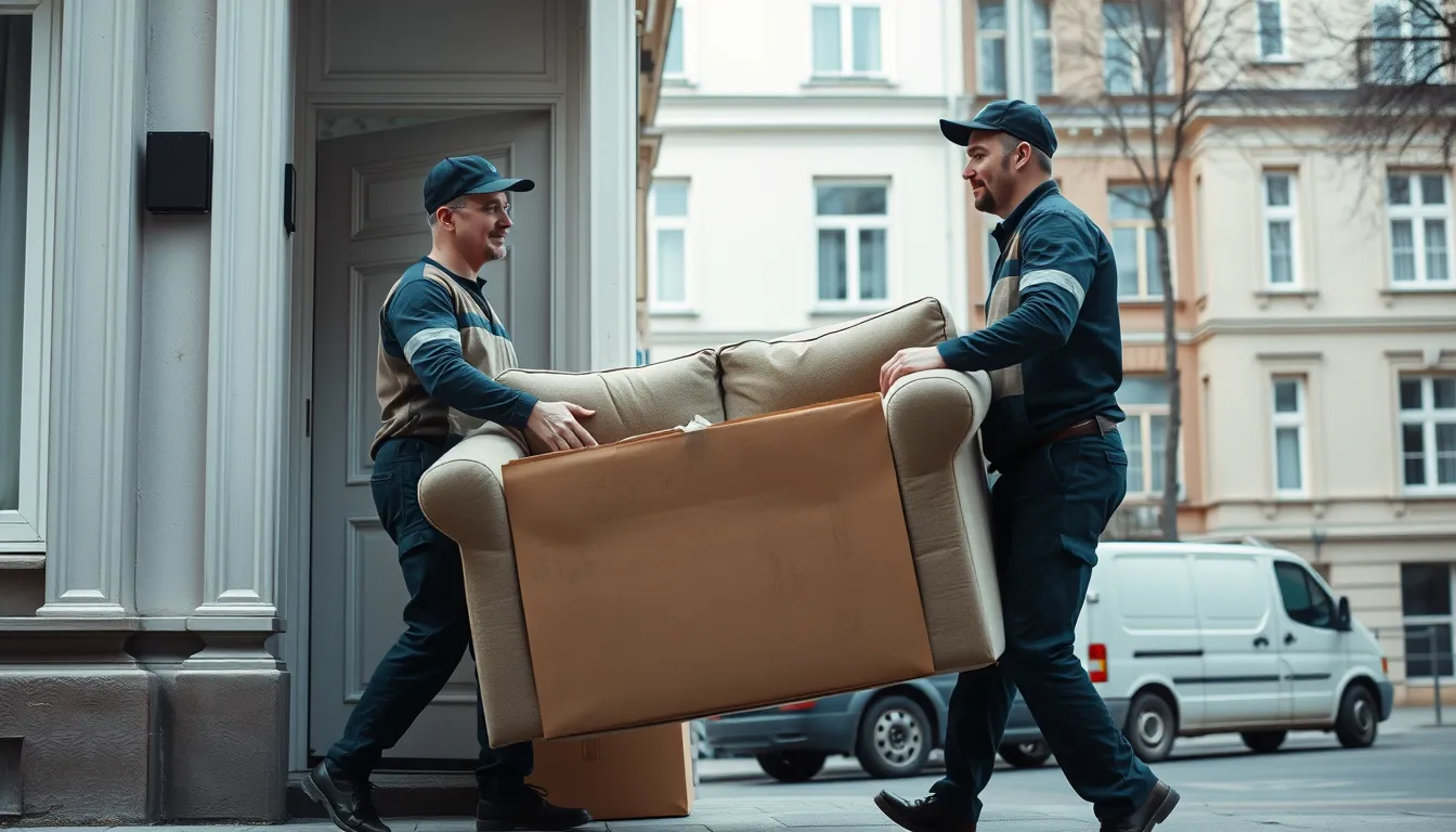 To flyttefolk baerer en gammel sofa ud af en dansk etageejendom til en ventende varebil