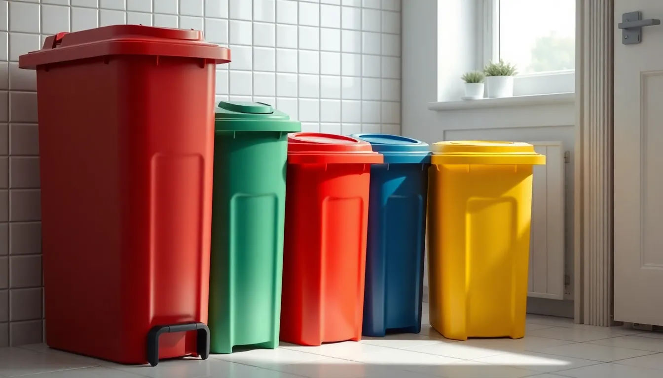 Farvede affaldsspande til sortering – rød, grøn, blå og gul – opstillet i et lyst dansk bryggers