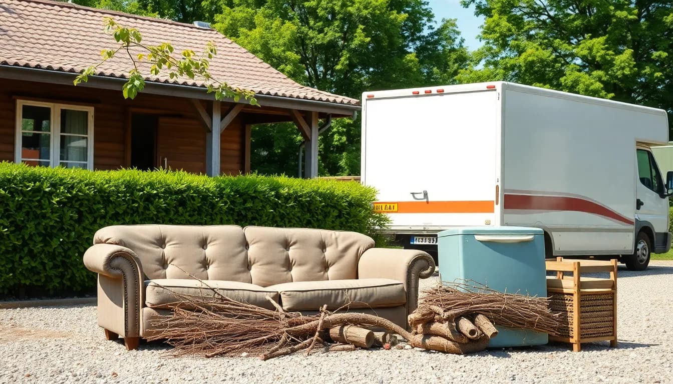Gammel sofa, haveaffald og et gammelt køleskab stillet frem til afhentning ved et dansk sommerhus med varevogn i baggrunden