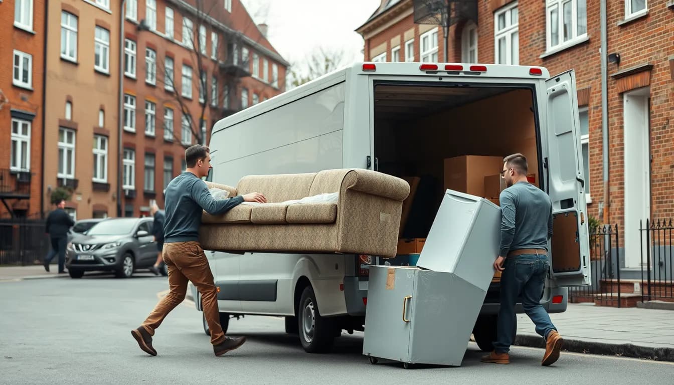 To medarbejdere baerer en gammel sofa og et koeleskab ud til en varevogn paa en koebenhavnsk gade