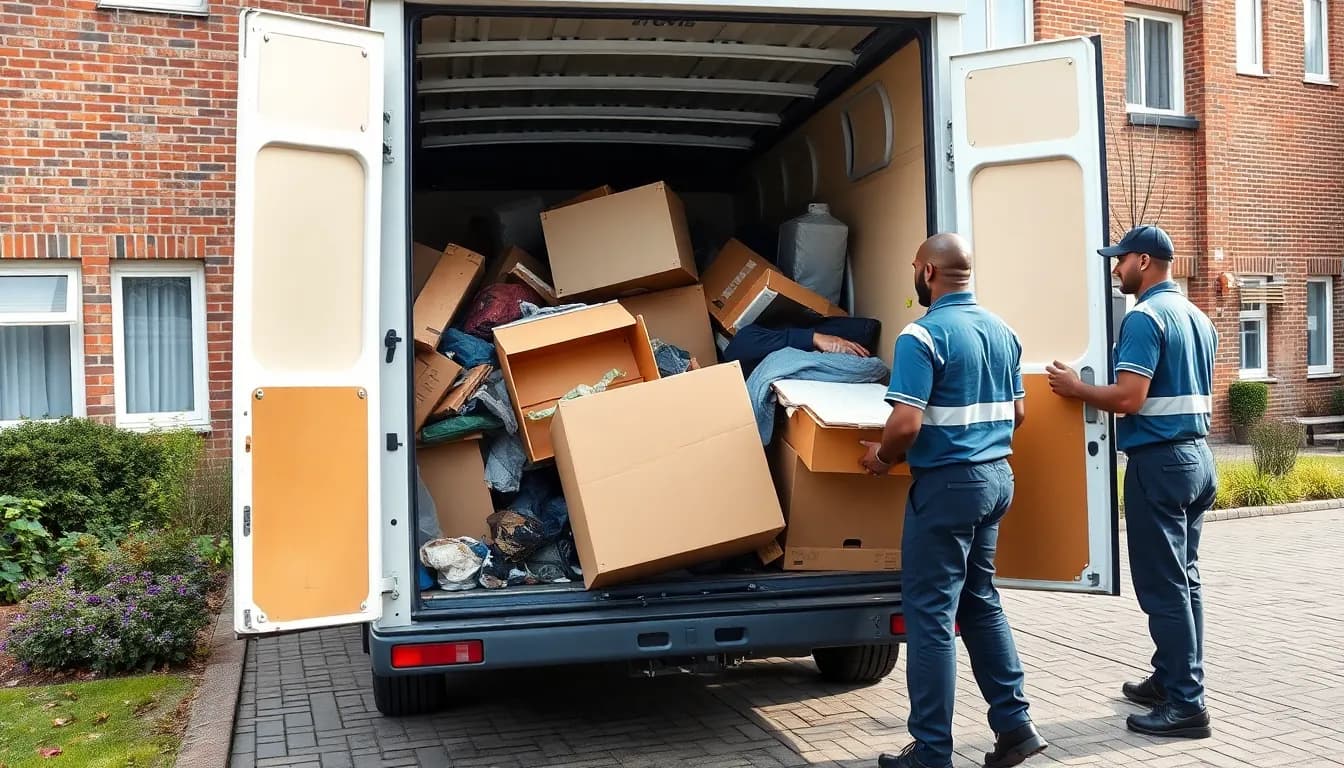 To medarbejdere fra Skrald.dk læsser møbler og blandet affald ind i en hvid varevogn foran en dansk boligejendom i dagslys