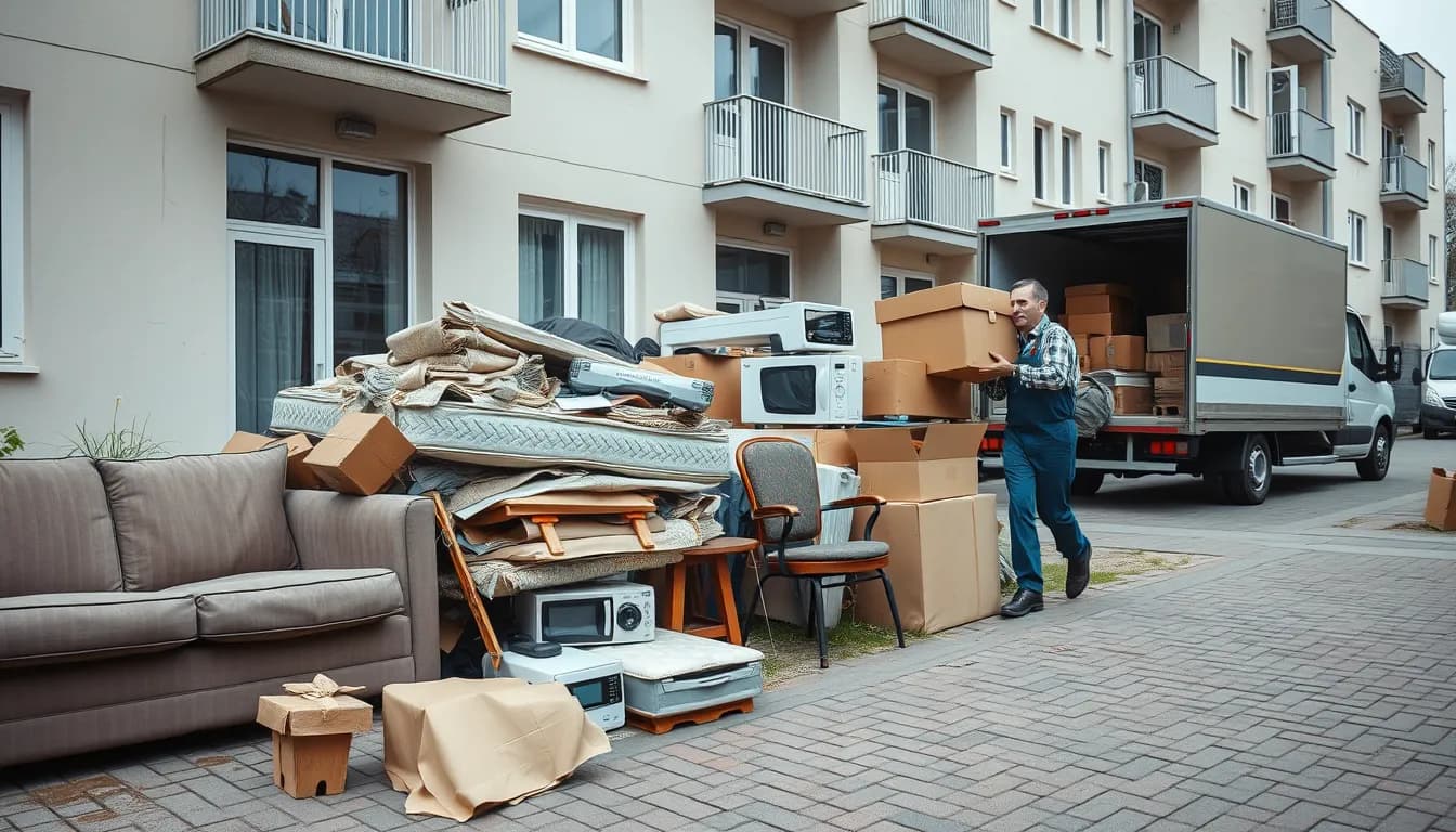 Blandet indbo – sofa, madras, flyttekasser og småt elektronik – stillet ud foran dansk etageejendom til afhentning, mens en medarbejder bærer det op i en lastbil.