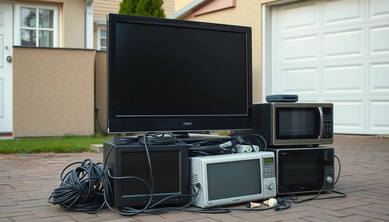 Stak af elektronikaffald klar til afhentning på en indkørsel – gammelt fladskærms-tv, mikroovn, computerskærm og kabler