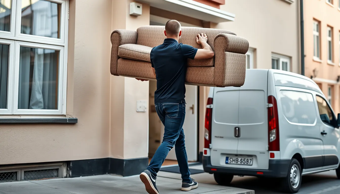 Medarbejder fra Skrald.dk bærer en gammel sofa ud til en varevogn foran en dansk etageejendom