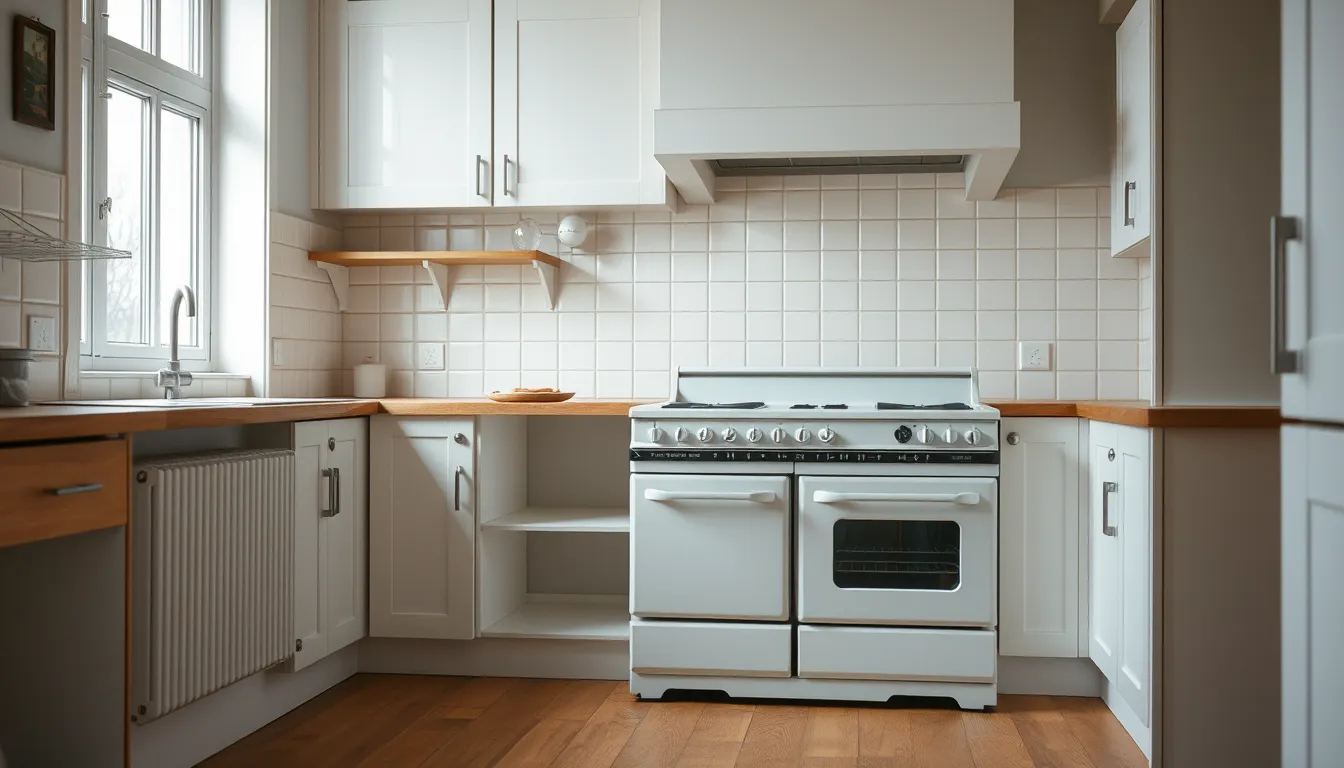 Gammelt hvidt komfur med ovn i et dansk køkken under renovering, klar til afhentning