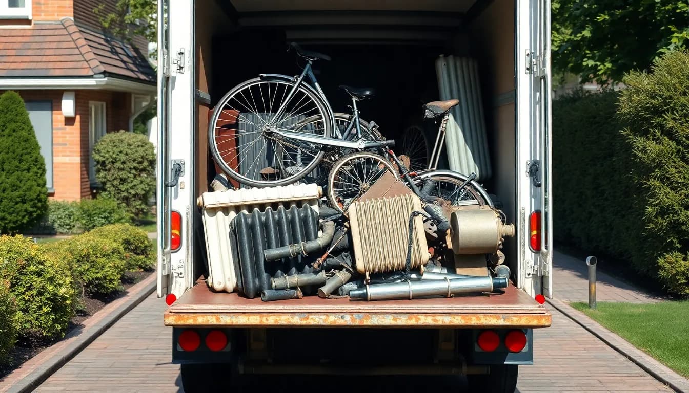 Gammelt metalskrot – radiatorer, cykel og metalrør – læsses på en afhentningsbil foran et dansk hus.