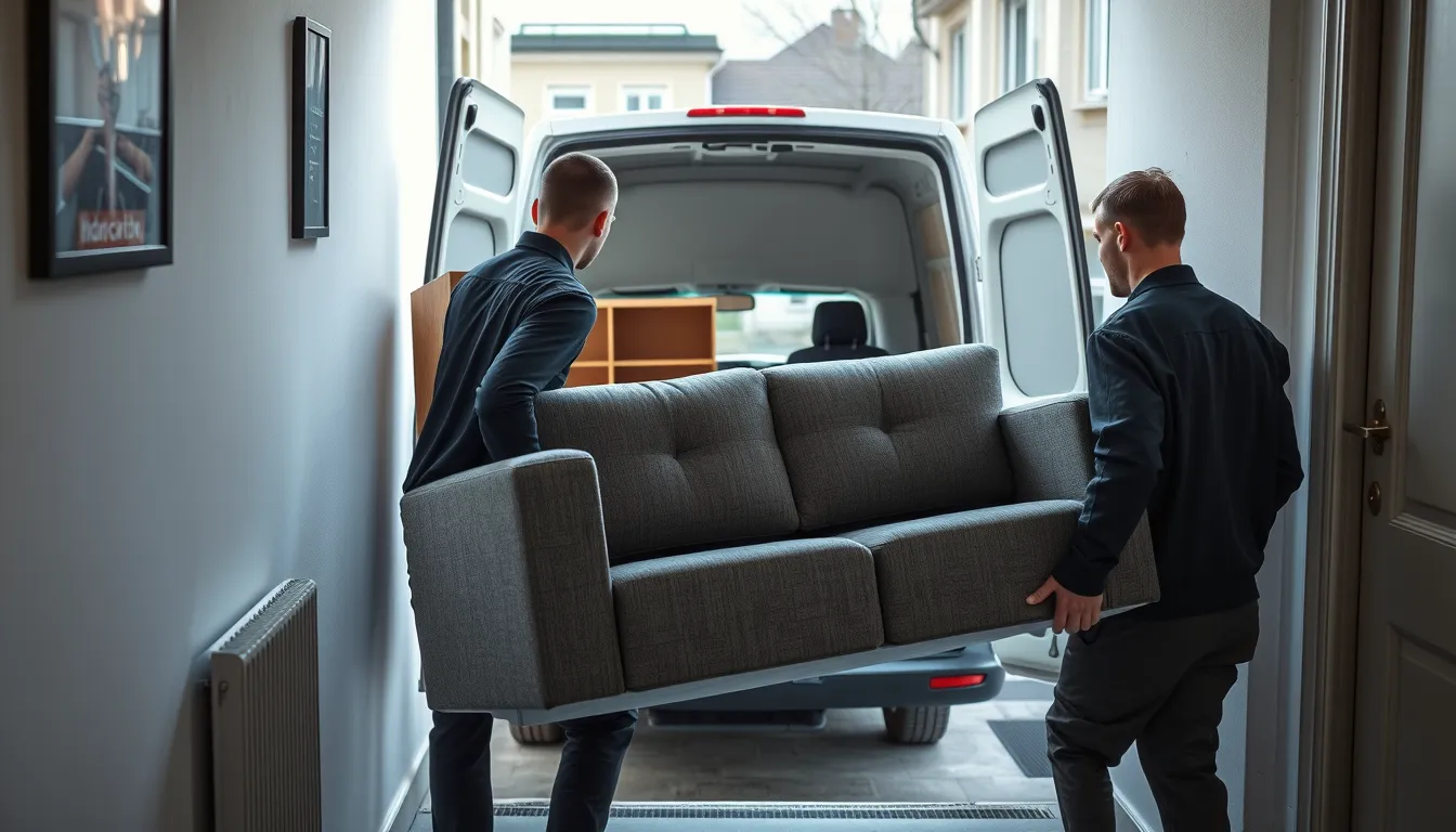 To flyttefolk i mørkt arbejdstøj bærer en ren grå sofa og en reol ud til en hvid varevogn foran en bolig