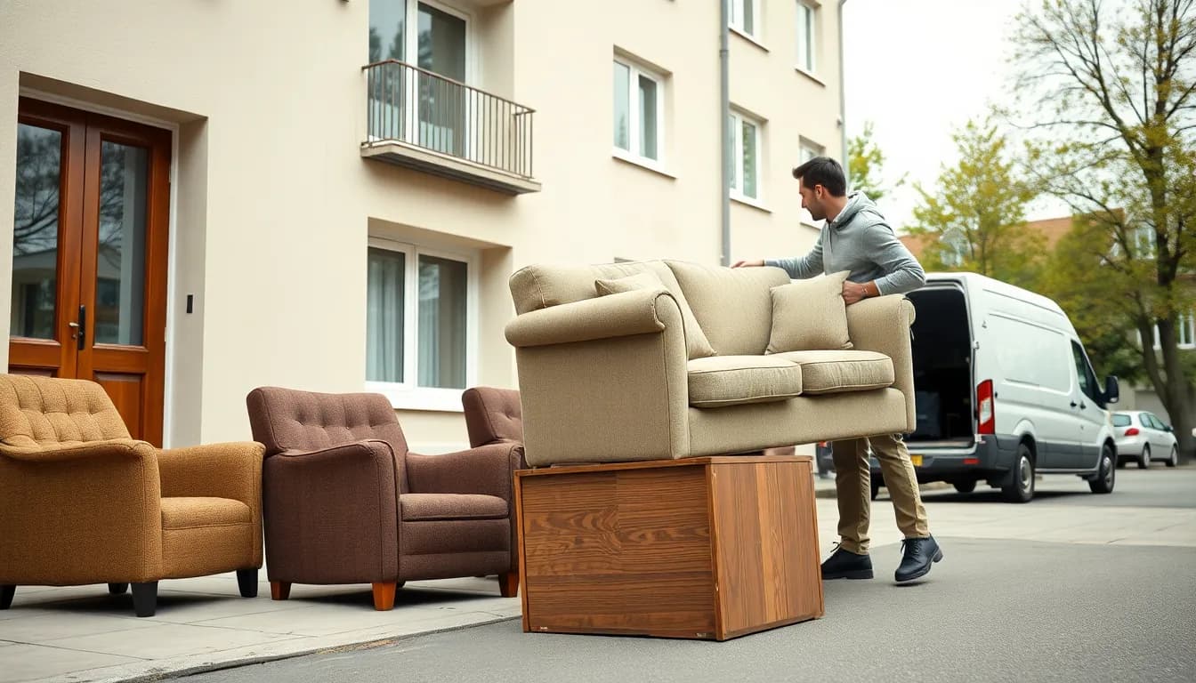 Flyttemand bærer en gammel sofa og møbler ud til fortovet foran en dansk boligejendom til afhentning som storskrald