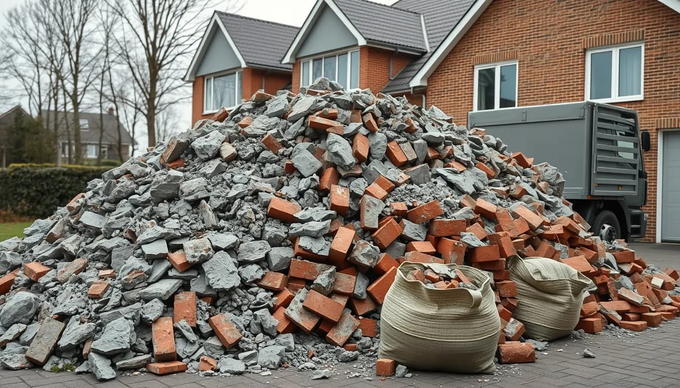 Stor bunke murbrokker og beton med mursten og bigbags foran et dansk hus, klar til afhentning