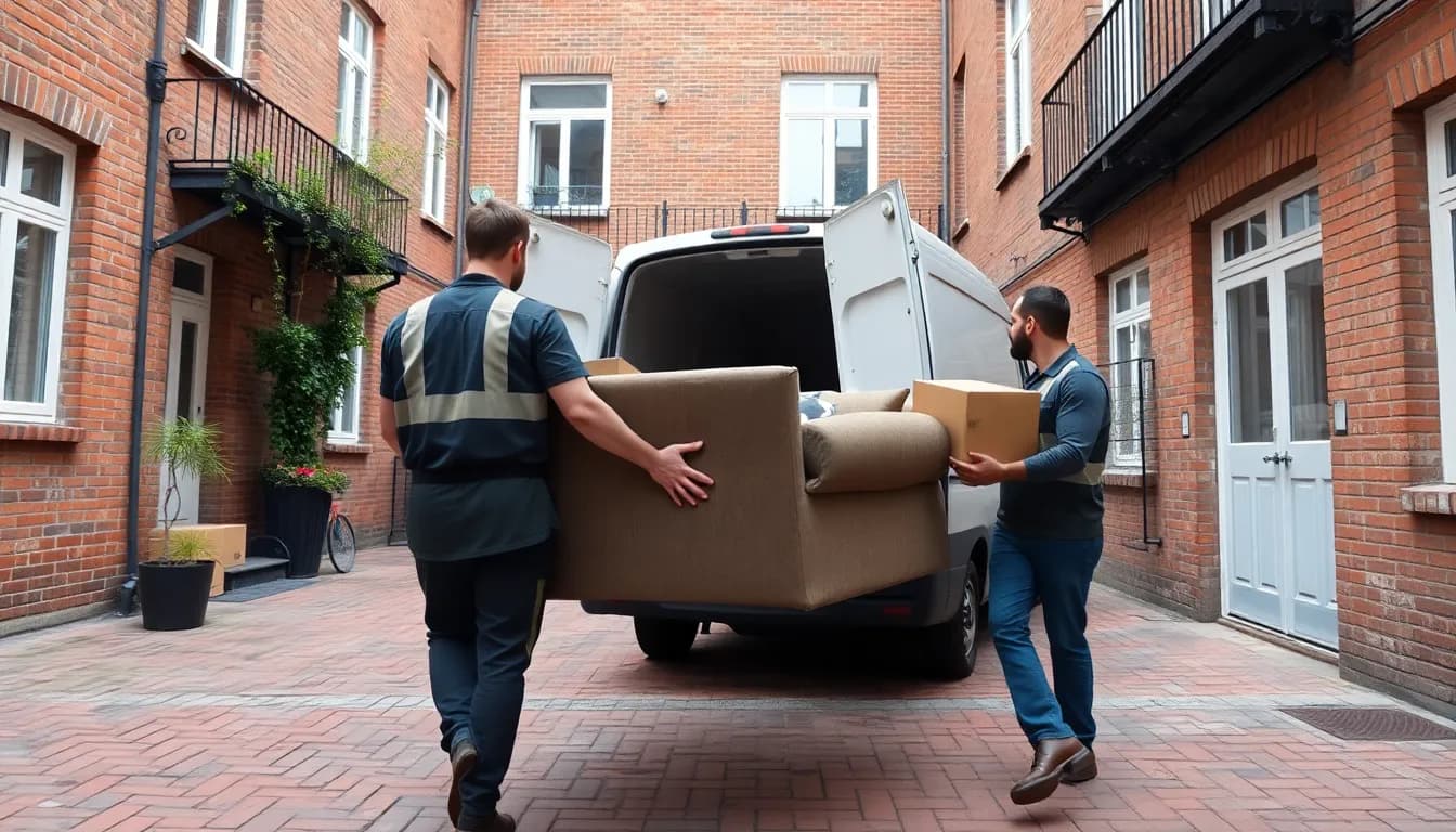 To flyttefolk bærer en gammel sofa og møbler ud til en varevogn i en københavnsk baggård
