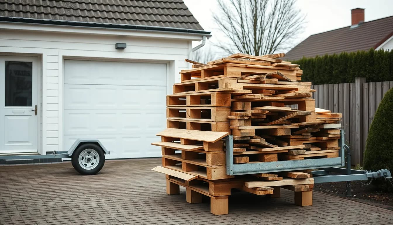 Trailer i dansk indkørsel fyldt med træaffald – gamle brædder, paller og møbeltræ klar til afhentning