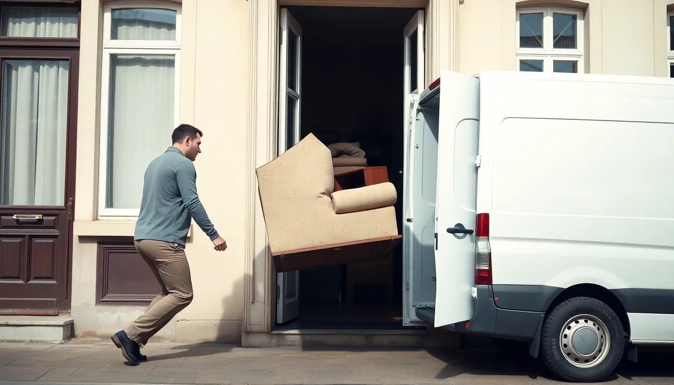 To flyttefolk bærer en gammel sofa og møbler ud fra en københavnsk opgang til en varevogn