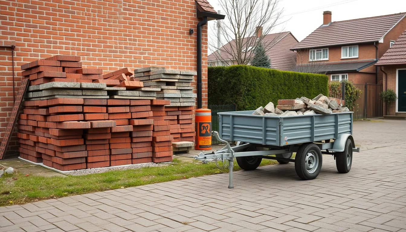 Stak af gamle betonfliser og mursten ved en dansk villa-indkørsel med en trailer læsset med murbrokker klar til bortkørsel