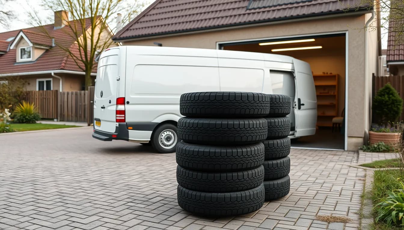Stak brugte bildæk på en indkørsel foran en åben garage, klar til afhentning ved en hvid varevogn i et dansk villakvarter
