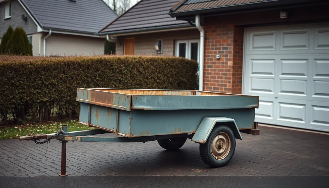 Gammel rusten trailer parkeret i en dansk indkørsel ved en garage, klar til afhentning