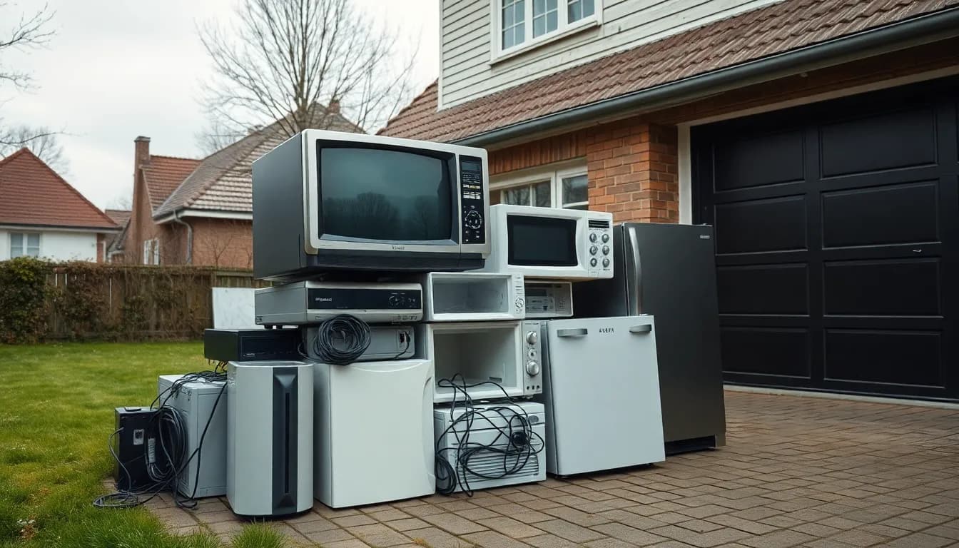 Stak af gammelt elektronik og hvidevarer – fjernsyn, mikroovne, computer og køleskab – klar til afhentning på en indkørsel foran en dansk villa