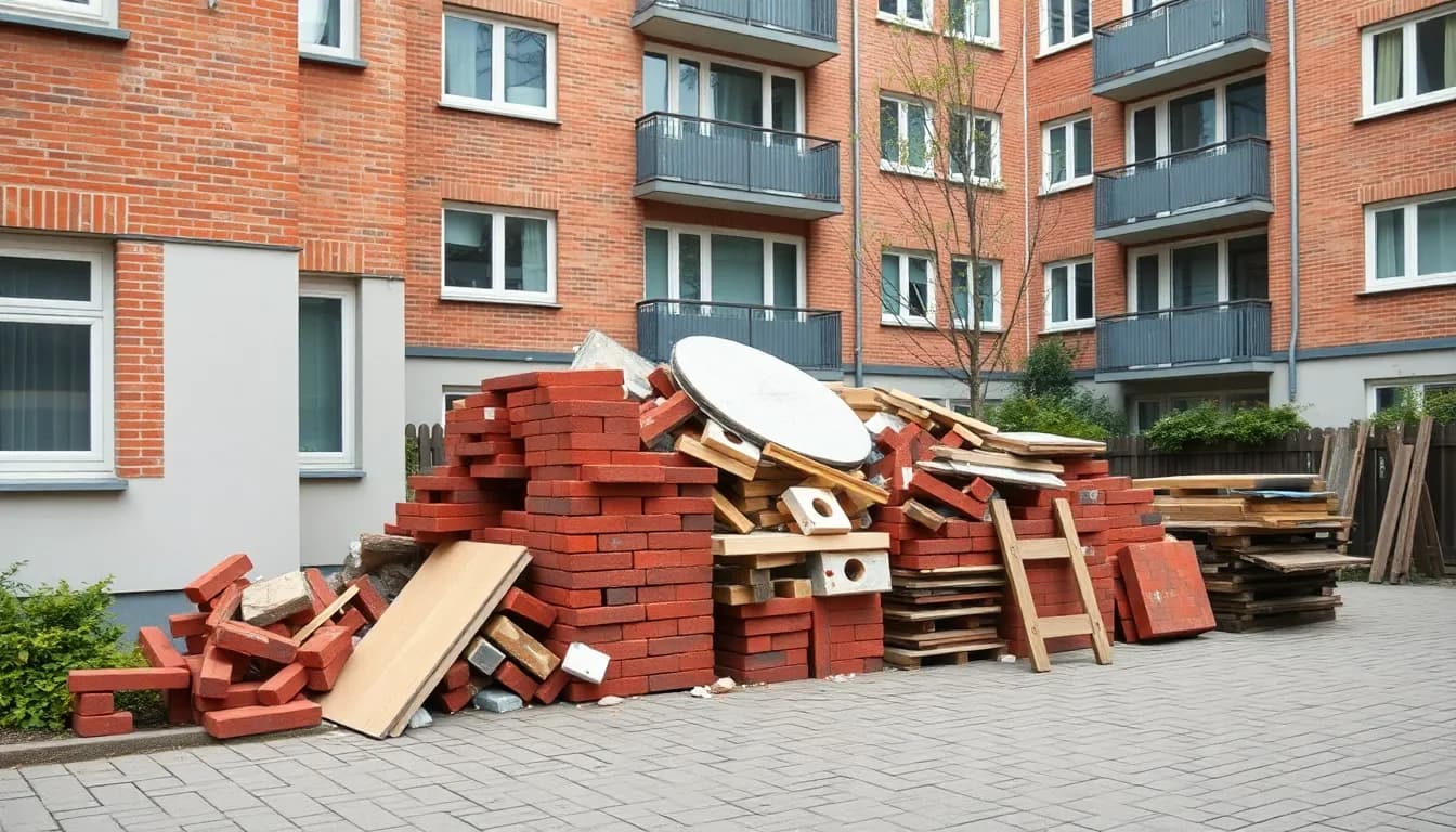 Bunke af byggeaffald – mursten, gipsplader, fliser og gammelt træ – klar til afhentning i gårdrummet foran en etageejendom i København