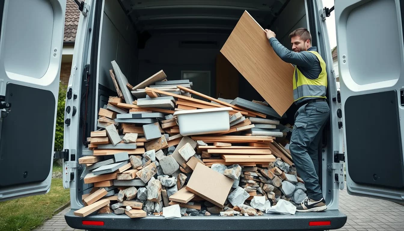 Medarbejder laesser byggeaffald – braedder, fliser og murbrokker – ind i en hvid varebil foran et dansk hus, uden container
