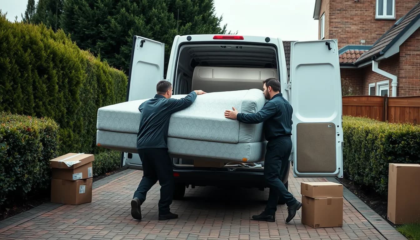 To medarbejdere fra Skrald.dk læsser en madras og møbler i en varevogn foran et hus – direkte afhentning frem for containerleje