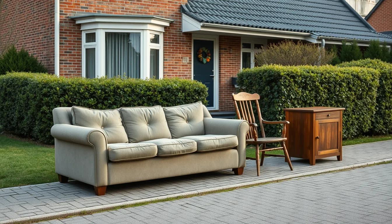 Brugt sofa, træstol og lille skab stillet til afhentning ved kantstenen foran et dansk murstenshus