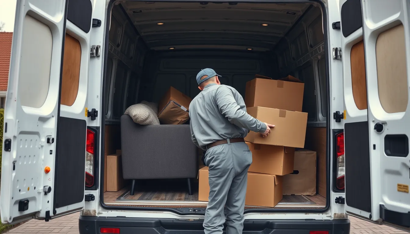 Arbejder laesser en sofa og flyttekasser ind i en hvid varevogn foran et hus – privat afhentning af affald til fast pris