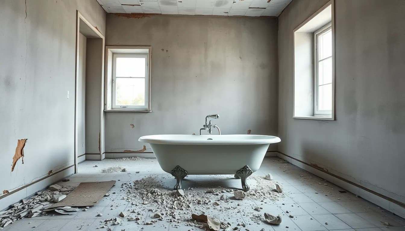Gammelt fritstående badekar i et strippet badeværelse under renovering med murbrokker på gulvet, klar til afhentning