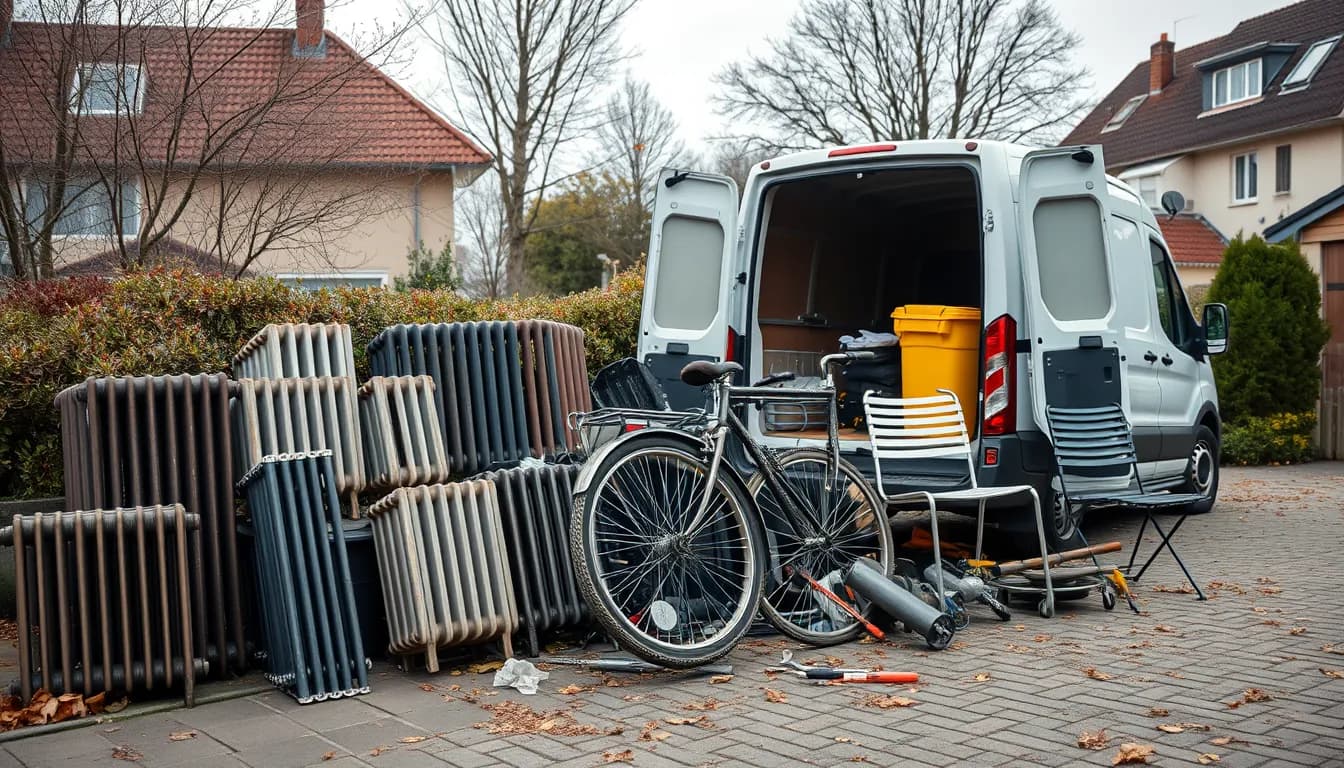 Gamle radiatorer, cykel, havemøbler i metal og værktøj klar til afhentning ved en varevogn i en dansk indkørsel