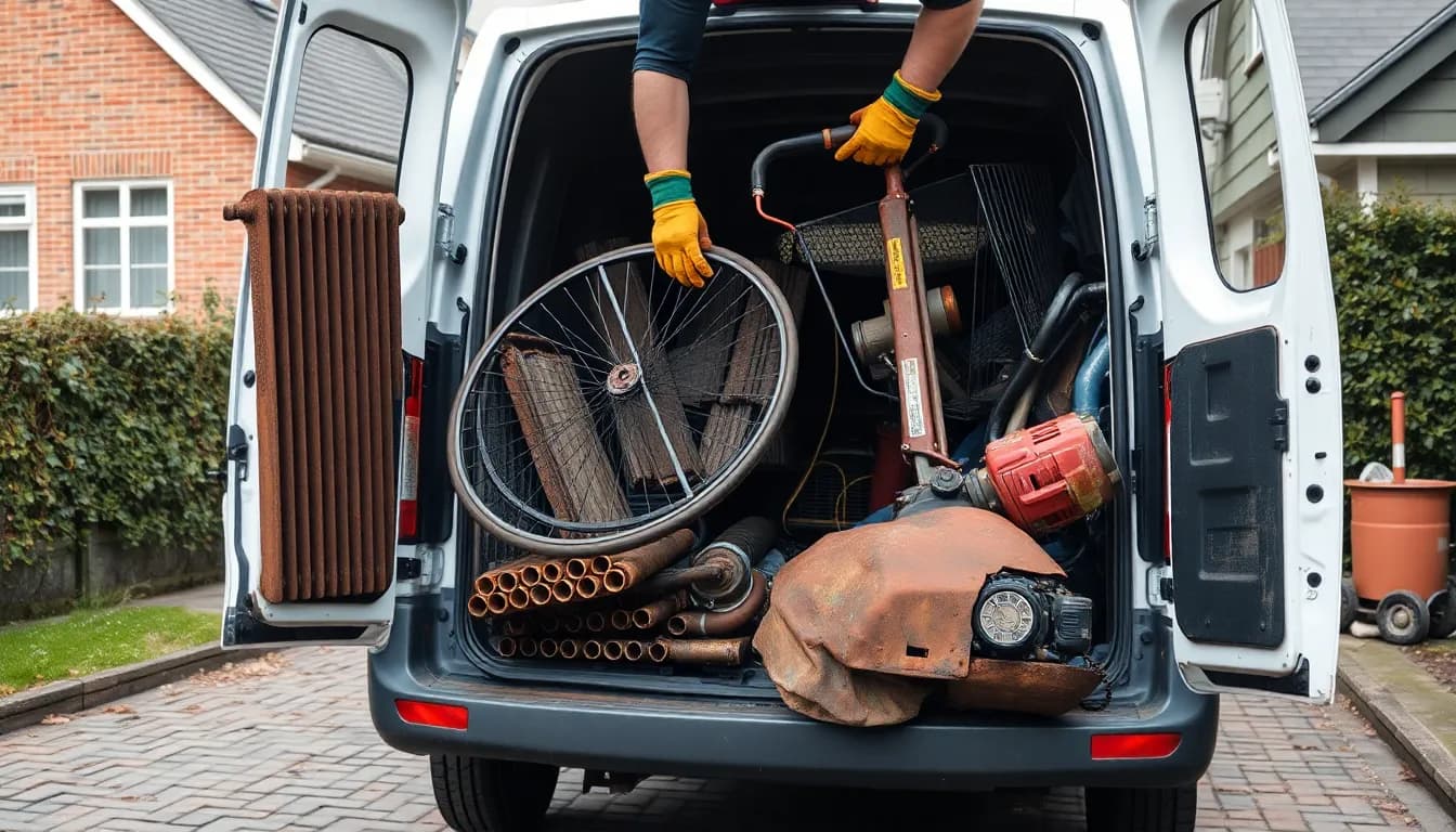 Varevogn fyldt med gammelt skrot – radiator, cykelhjul, kobberrør og en motor – i en dansk indkørsel klar til afhentning