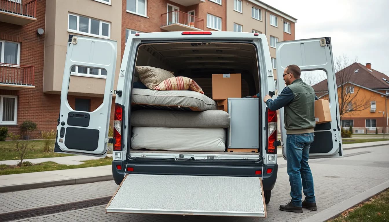 Varebil lastet med et blandet læs storskrald – madras, hynder, flyttekasser og et køleskab – foran en dansk etageejendom