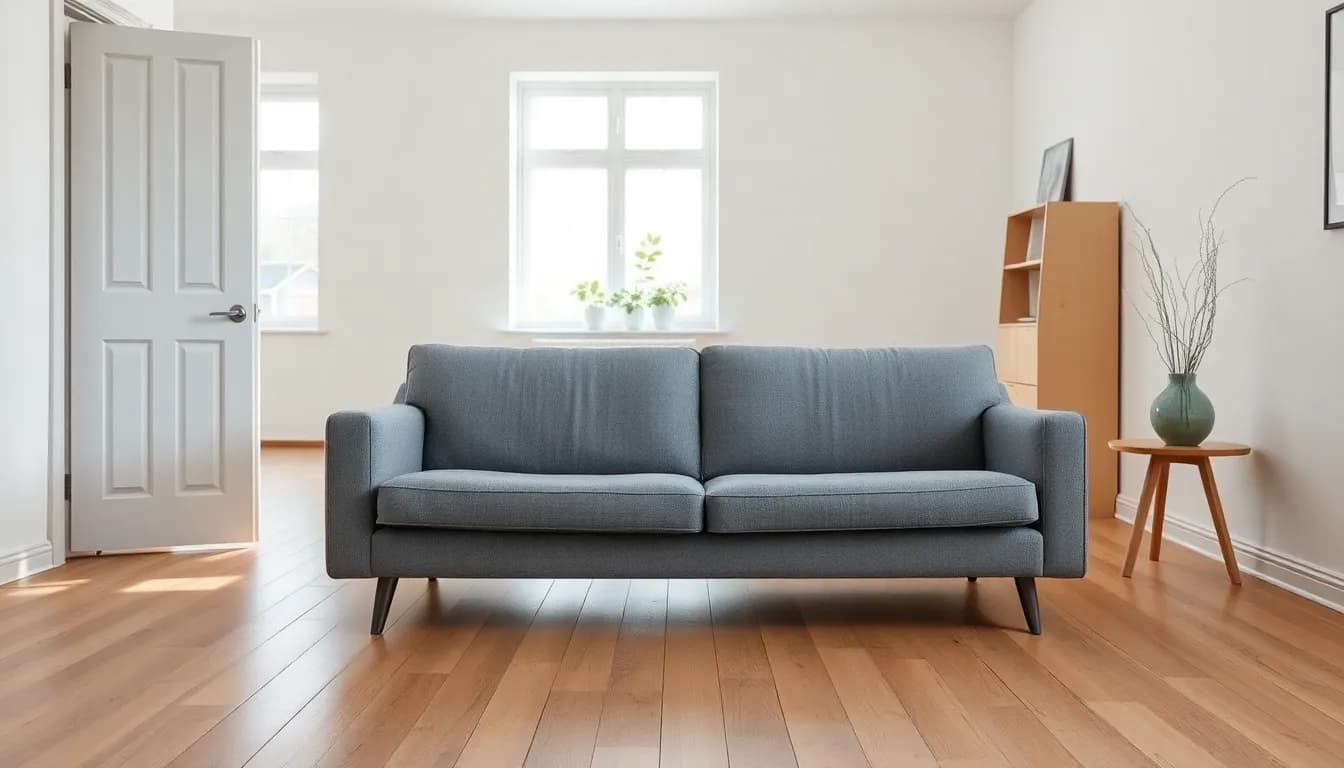 Grå sofa i en lys dansk stue klar til afhentning