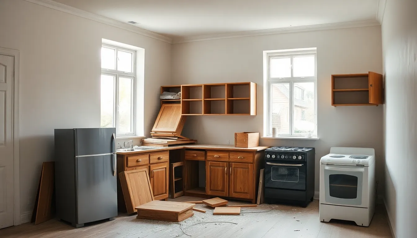 Nedtaget gammelt køkken under renovering med afmonterede skabe, bordplade og hvidevarer klar til afhentning