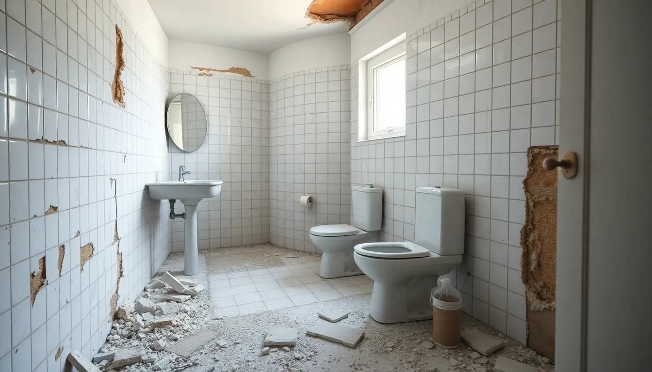 Dansk badeværelse midt i nedrivning – fliser delvist fjernet fra væggene, afmonteret håndvask og toilet stillet til side, og murbrokker på gulvet