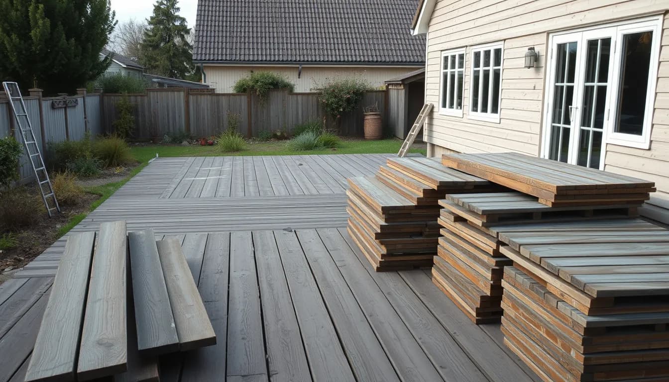 Gammel dansk træterrasse under nedrivning med stakke af opbrækkede terrassebrædder klar til bortkørsel