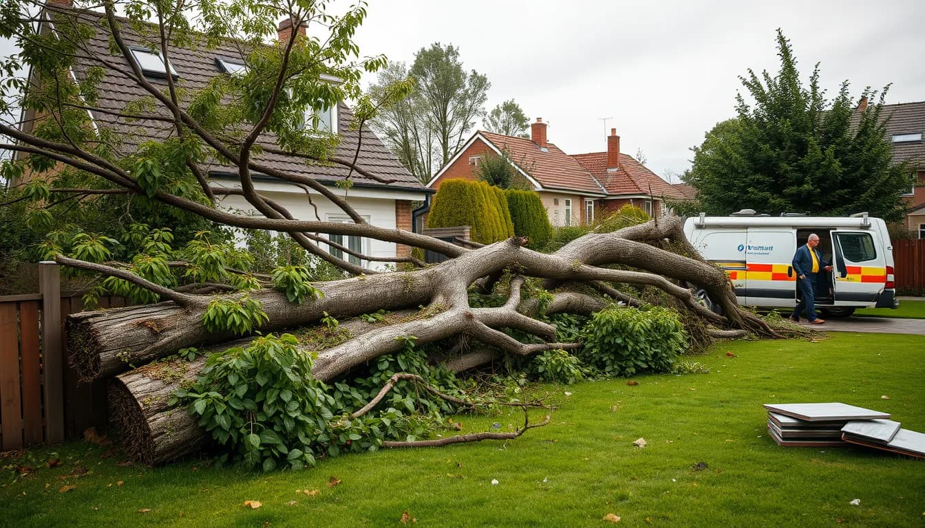 Væltet træ hen over en villahave efter en storm, med nedblæste tagplader på græsset og en varevogn klar til at køre affaldet væk
