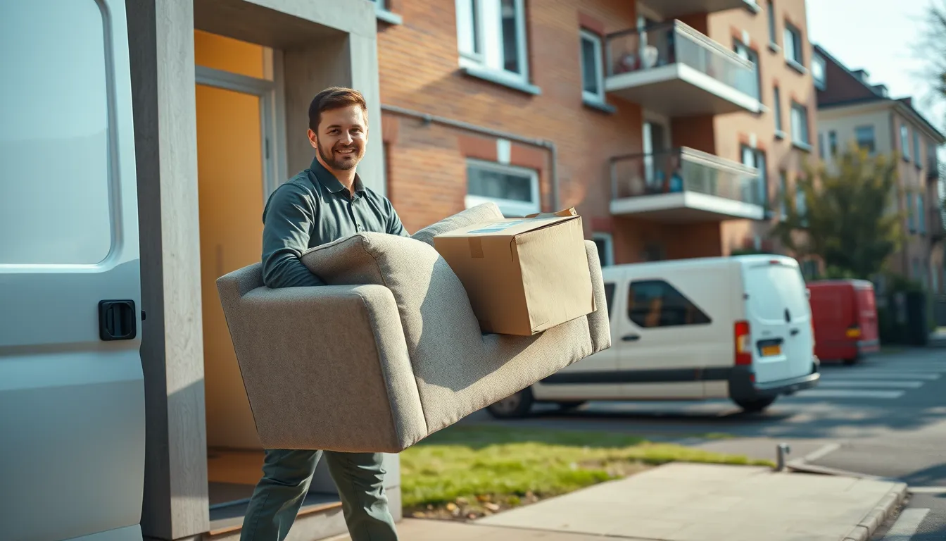 Medarbejder bærer en gammel sofa og flyttekasser ud til en hvid varebil foran en dansk murstensejendom