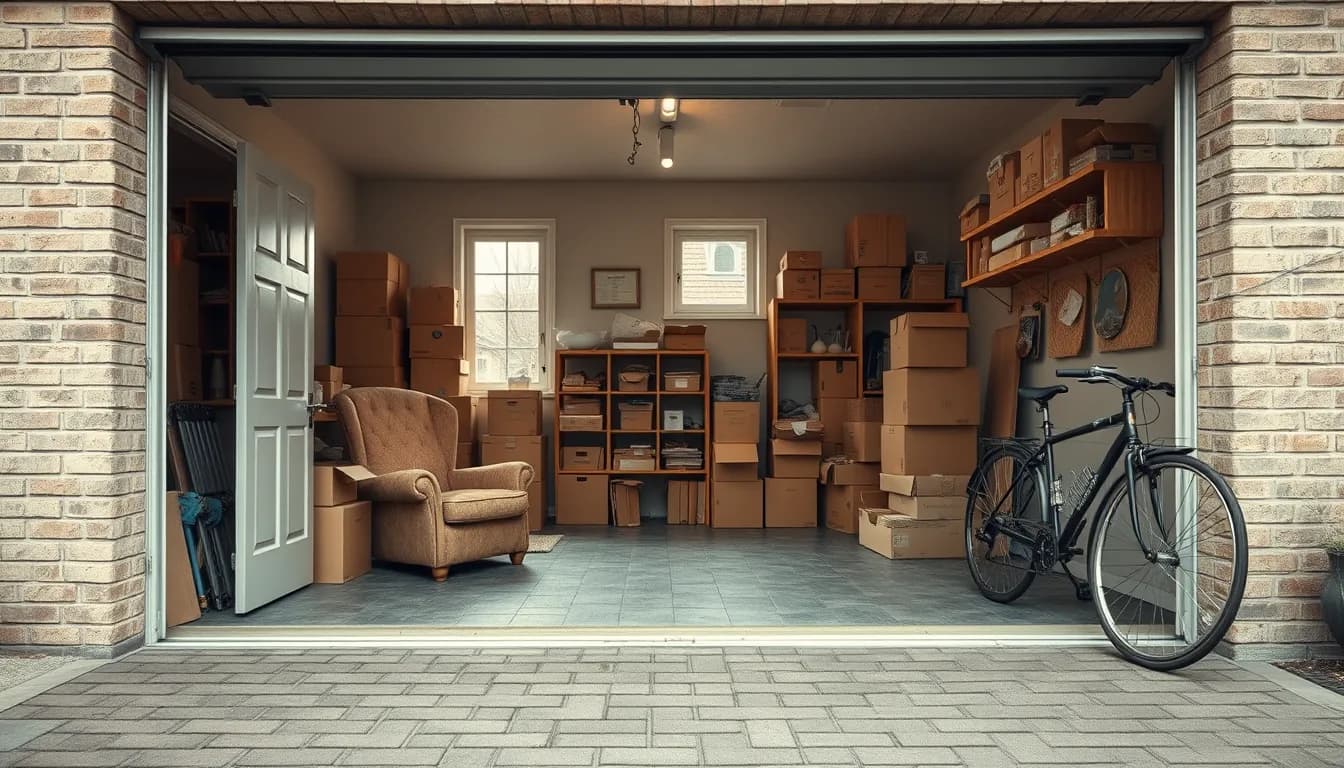 Åben dansk garage fyldt med flyttekasser, en gammel lænestol, reoler og en cykel klar til rydning