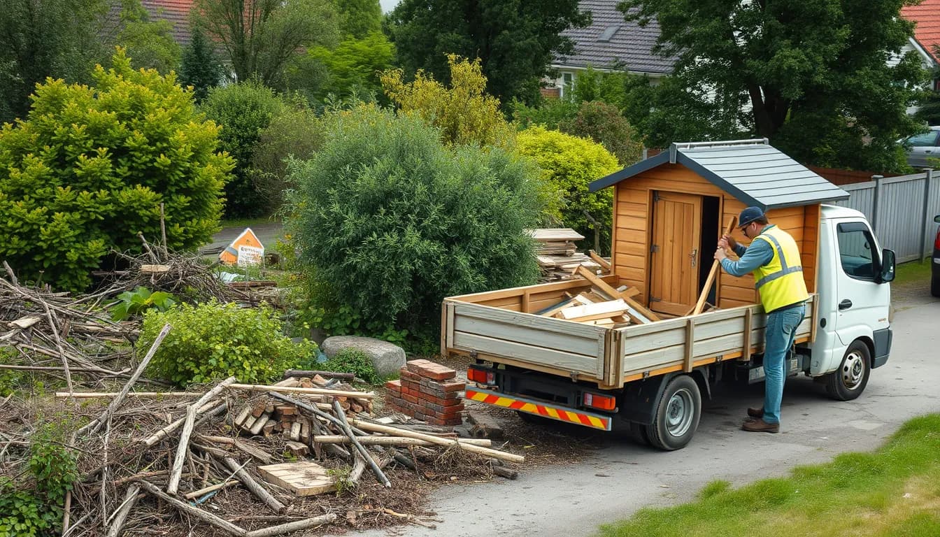 Arbejder i refleksvest rydder en dansk grund og laesser gamle braedder, grene og mursten paa en ladbil