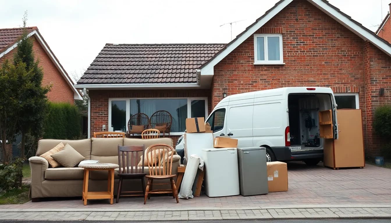 Indbo fra en husrydning – sofa, stole, bord, køleskabe og flyttekasser – stablet i indkørslen foran et dansk murstenshus, klar til afhentning med varevogn
