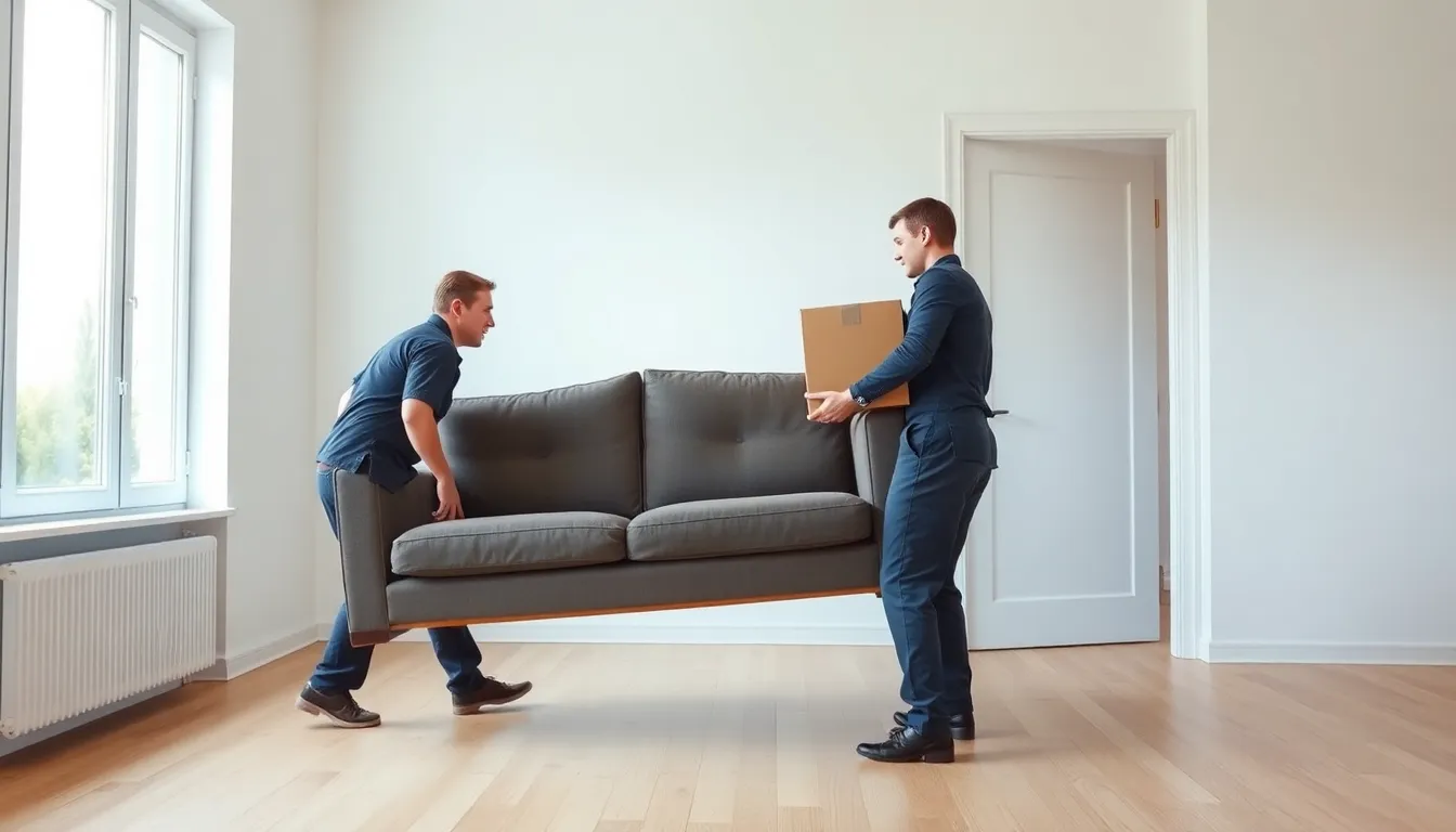 To flyttefolk bærer en gammel sofa og flyttekasser ud af en tom lejlighed under en rydning