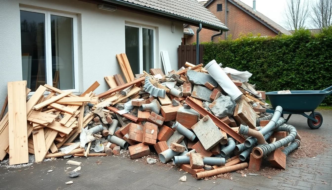 Sorteret byggeaffald i bunker foran en dansk villa – træ, mursten, beton og rør adskilt til genanvendelse med en trillebør ved siden af