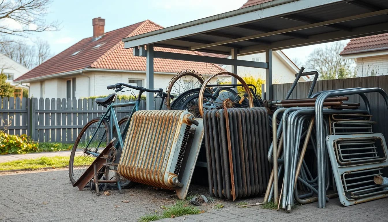 Gammelt jern og metal – rustne radiatorer, en cykel og metalrør – stablet klar til skrotafhentning ved en carport i et dansk villakvarter