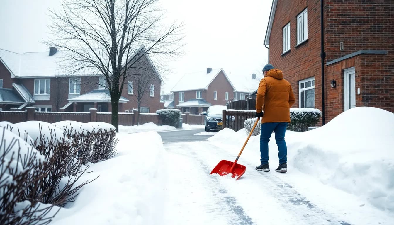 Person rydder sne fra fortov og indkørsel med sneskovl foran dansk villa en vintermorgen