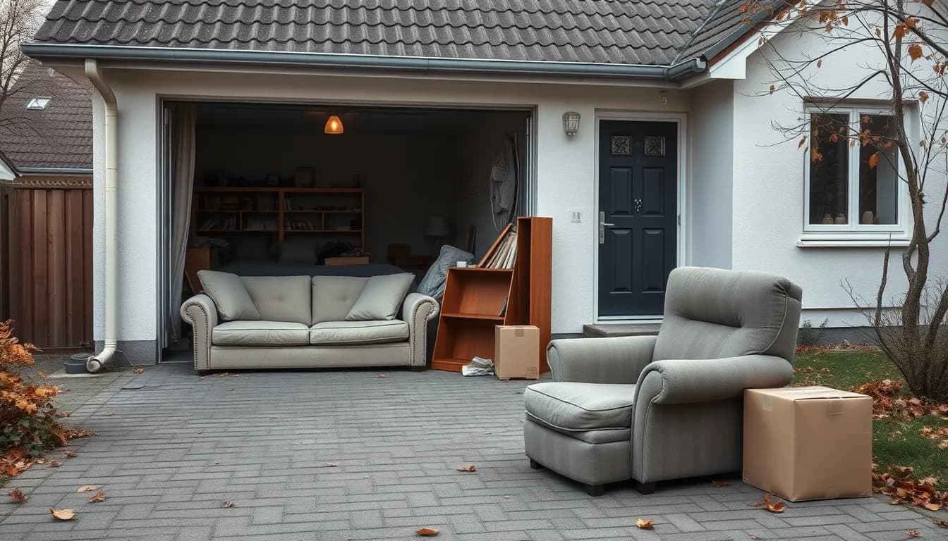 Gammelt storskrald – sofa, lænestol, reol og kasser – stillet klar på indkørslen ved åben garage foran en dansk villa i efterårslys