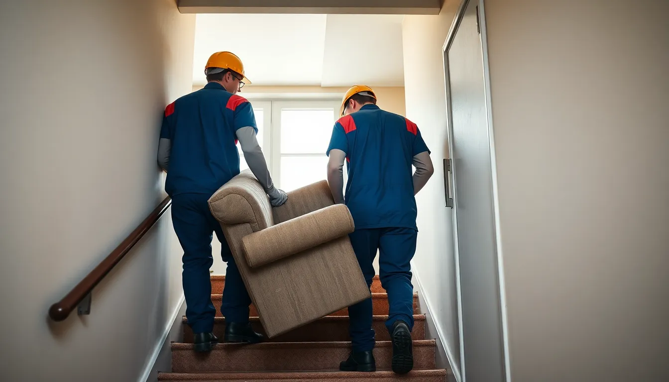 To medarbejdere bærer en gammel sofa ned ad en smal trappe i en københavnsk etageejendom uden elevator