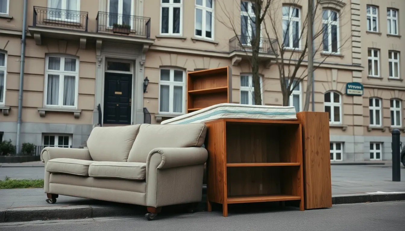 Gammel sofa, madras og reol stillet ud på fortovet foran en københavnsk etageejendom, klar til afhentning som stort indbo