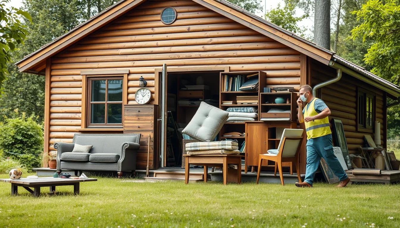 Dansk sommerhus under tømning med møbler og indbo båret ud på græsplænen klar til bortkørsel